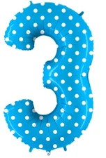 1 40" Number THREE #3 3rd Blue Polka Dotted Dot Boy Birthday Party Mylar Balloon