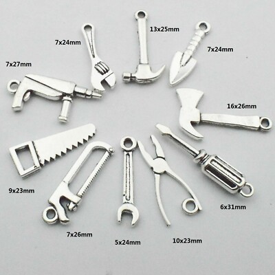 Tool Charms Antiqued Silver Construction Worker Pendants 2 Sided Assorted 5pcs