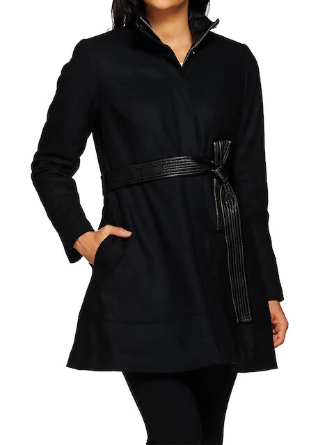 G.I.L.I Wool Peplum Coat with Faux Leather Belt