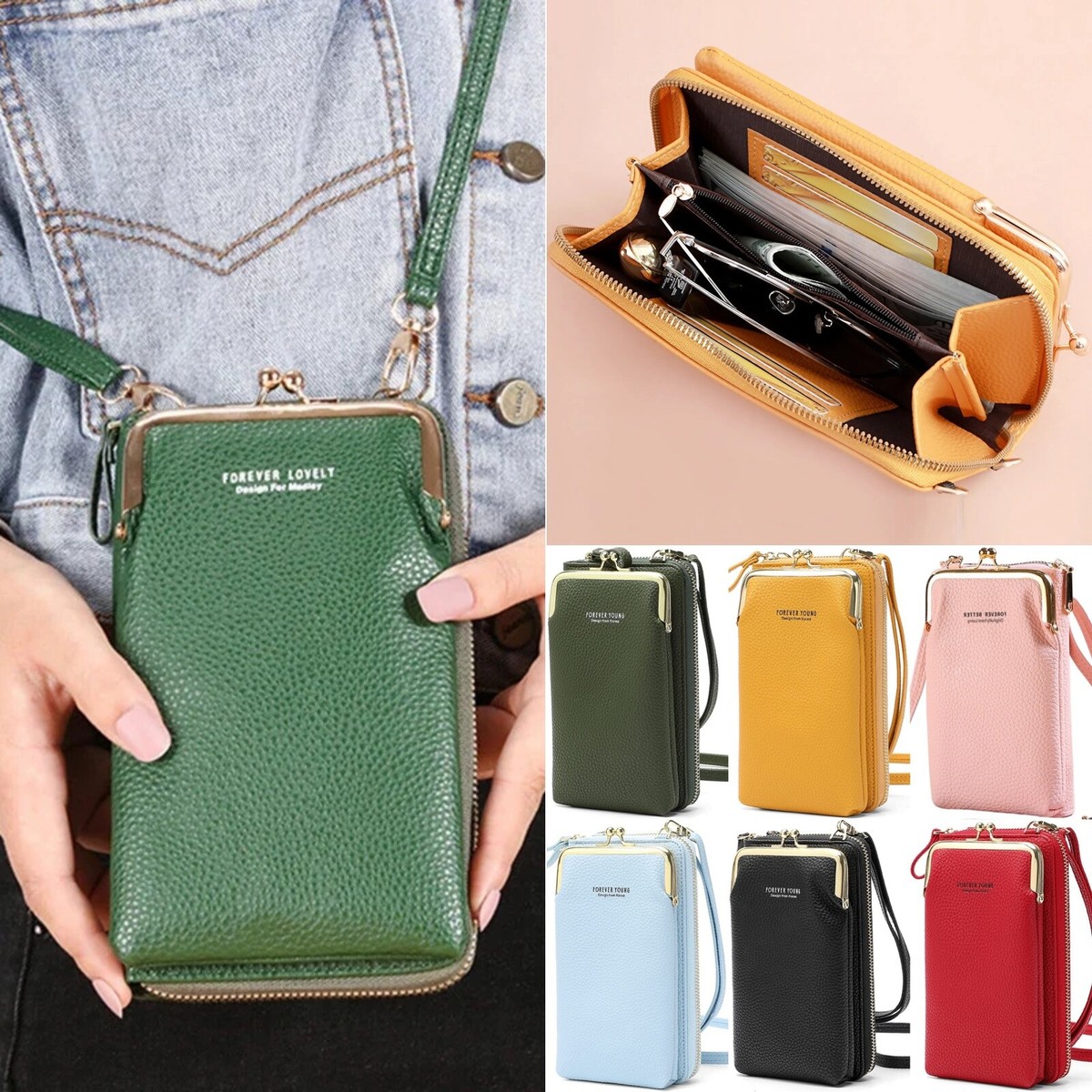 Womens Cell Phone Purse Small Leather Wallet Zip Handbag Crossbody Shoulder  Bag