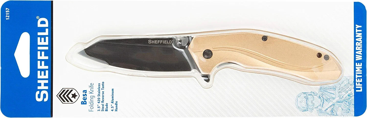 Sheffield 12157 BESA 3.5 Inch Tanto Tactical Folding Pocket Knife Aluminum Handl