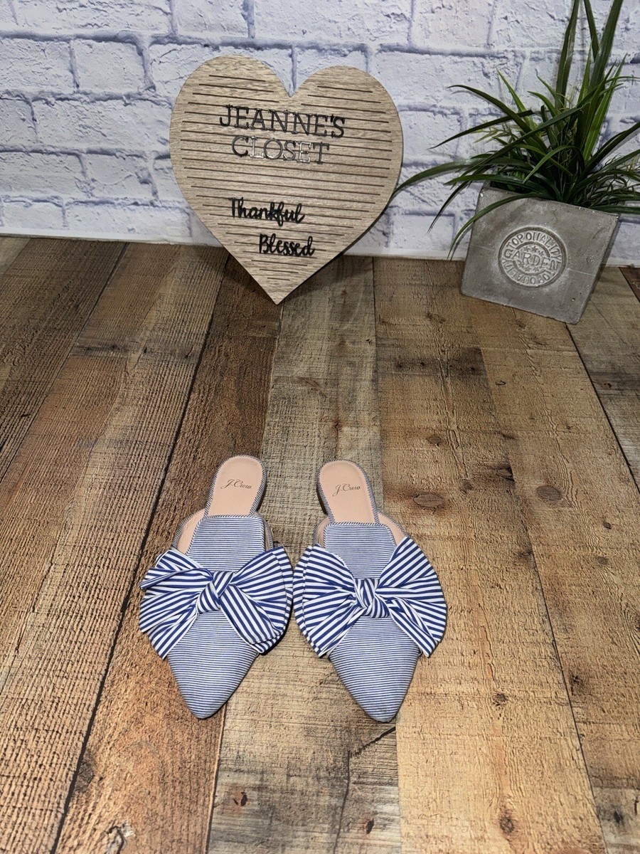 Pointed Toe Mixed Stripe Bow Slides Blue White Mules Flats Fabric