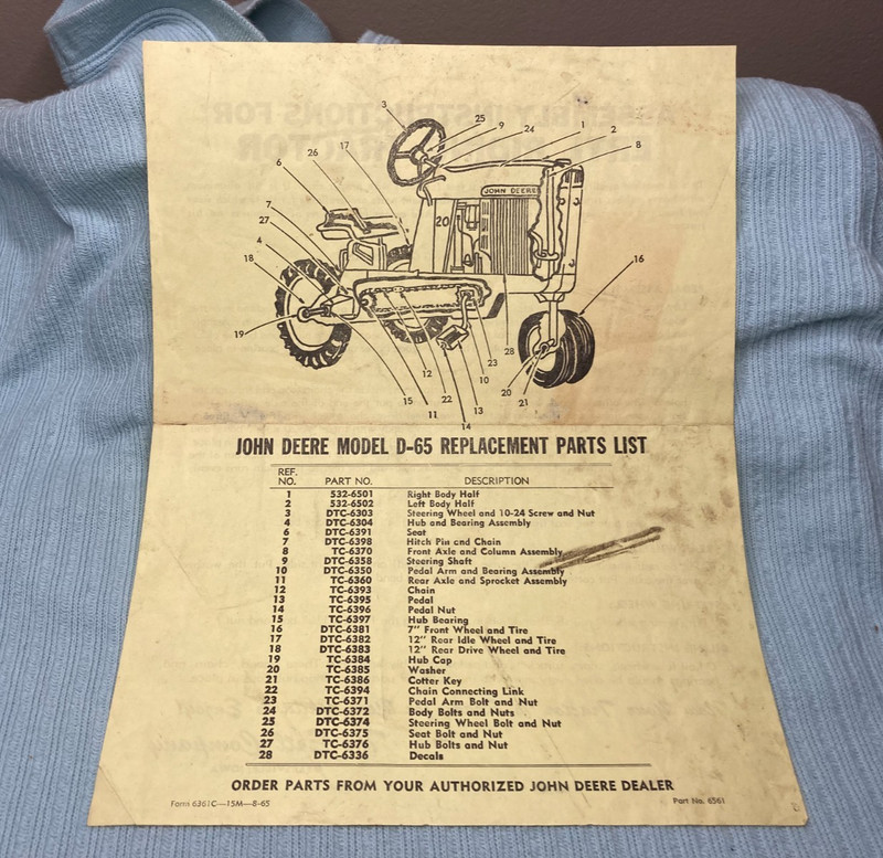Vintage John Deere D-65 Replacement Parts List Assembly for Ertl Riding Tractor