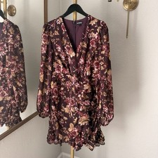 Express Floral Print Faux Wrap Ruffle Mini Dress L Burgundy V-Neck