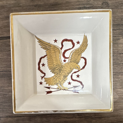 Vintage decorative Ceramic Bowl Glossy Gold Rim Eagle Design Red Stars