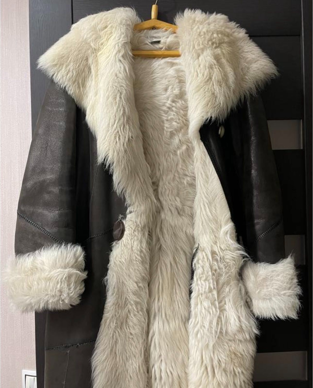 Luxury Toscana brown Shearling sheepskin Coat S-M Genuine Leather & white trim image 9