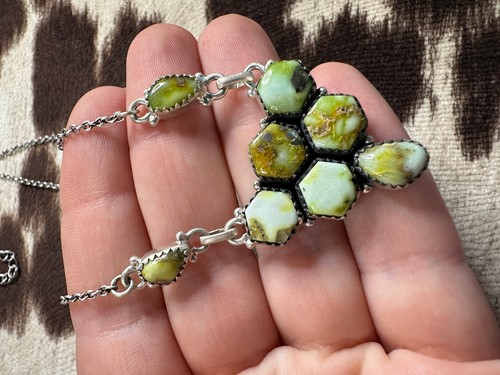 Beautiful Handmade Sterling Silver & Palomino Turquoise Cluster Necklace - Picture 3 of 6
