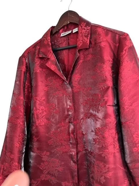 Blusa túnica Chicos 3 US XL mezcla de seda vino profundo brocado floral LS botón delantero Foto 2 de 4