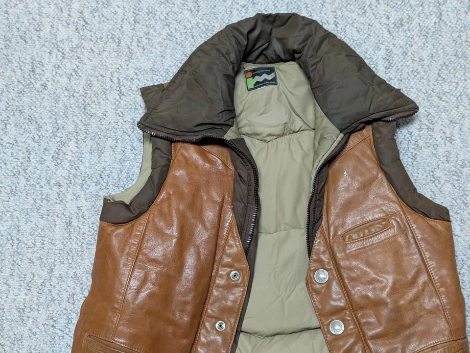 Chaleco acolchado vintage años 70 GOOSE DOWN cabeza india níquel S cuero esquí occidental 38 Foto 4 de 4