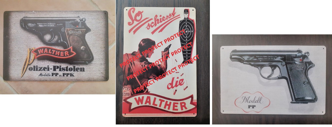 Plaque vintage allemand Walther PPK et P38 enseigne métallique rétro Mauser Diana