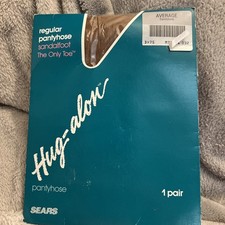 1 PAIR VINTAGE SEARS HUG-ALON REG. PANTYHOSE SANDALFOOT THE ONLY TOE SANDSTONE