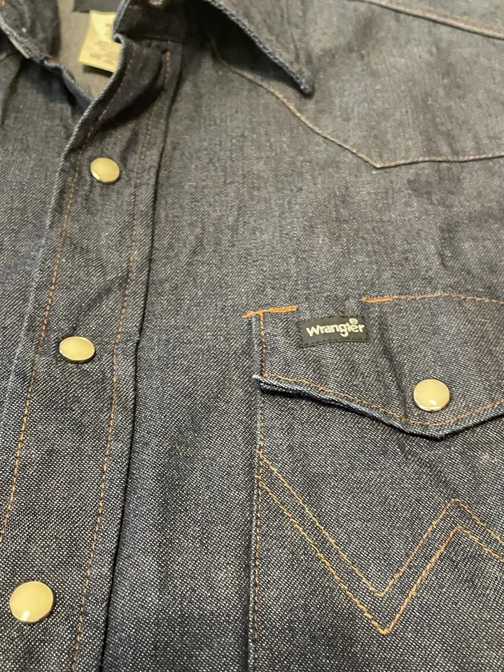 Camisa Western De Colección Años 90 Wrangler Denim Perla A Presión Para Hombres•15x33 Azul Algodón Oscuro Foto 4 de 4