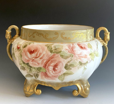 LIMOGES FRANCE ANTIQUES HAND PAINTED ROSES SWAN HANDLE FERNER JARDINIERE VASE