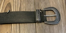 PERRY ELLIS Black Tooled Leather Belt w/ Silver Gun Metal Accents & Key Ring