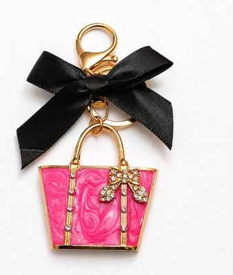 Gold Tone Purse Charm Keychain Pink Handbag Black Bow Rhinestone Detachable