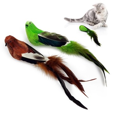 2 PCS Real Feather Cat Bird Toys Realistic Simulation Bells Indoor Kittens Play