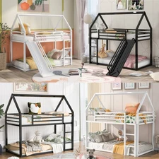 Bunk Bed Twin over Twin Metal Kids Bedroom Loft Bed Frame with Built-in Ladder