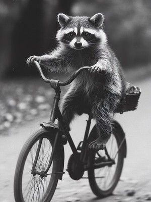 Waschbär Radfahren wie eine Figur aus Stummfilmen A1-A4 Poster Kunst Gemälde Ma