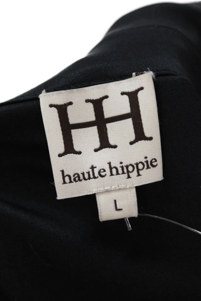 Mini vestido Haute Hippie feminino manga curta gola V seda preto grande - Imagem 4 de 4