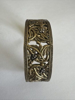 Vintage Cuff Braclet Marked GA Antiqued Brass Looking And Silver Accents 7 