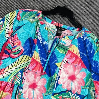 Ali Miles Shirt Top Blouse Womens Large Floral Blue Pink Long Sleeve Casual New
