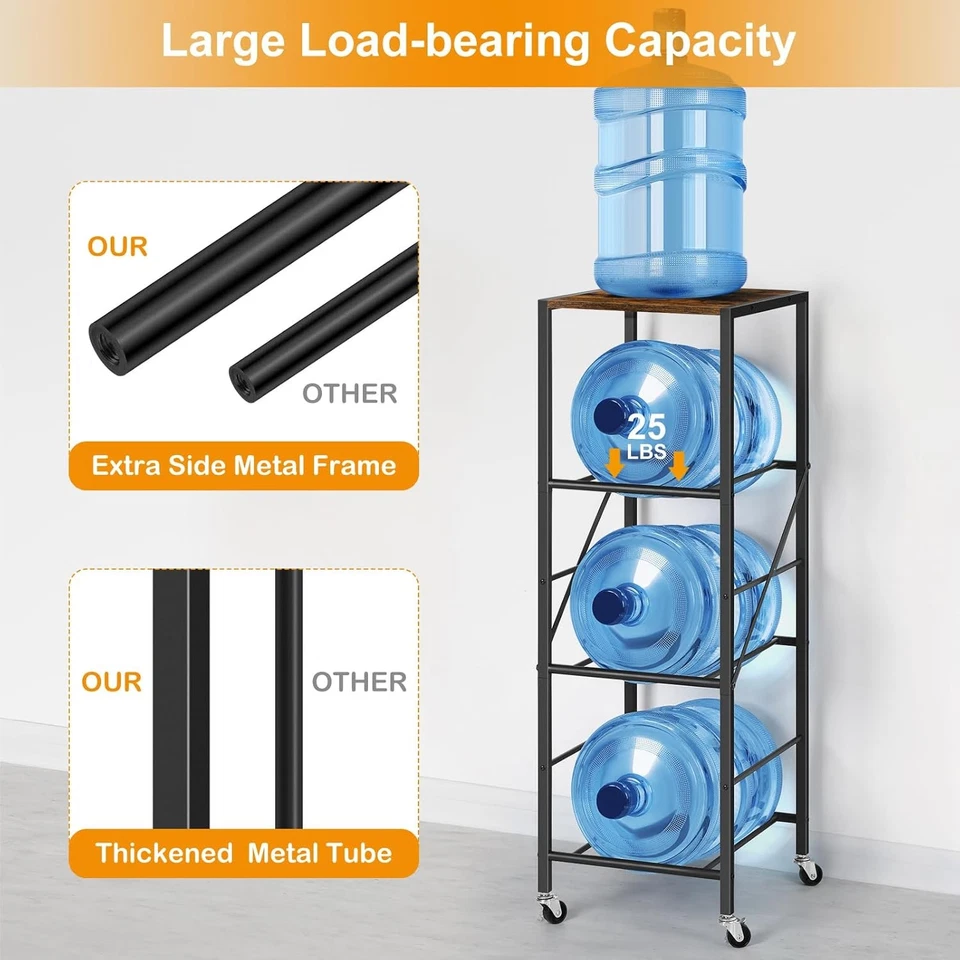 Suporte para garrafa de água 3 camadas com rodas resistente 5 galões suporte para jarro organizador - Imagem 3 de 4