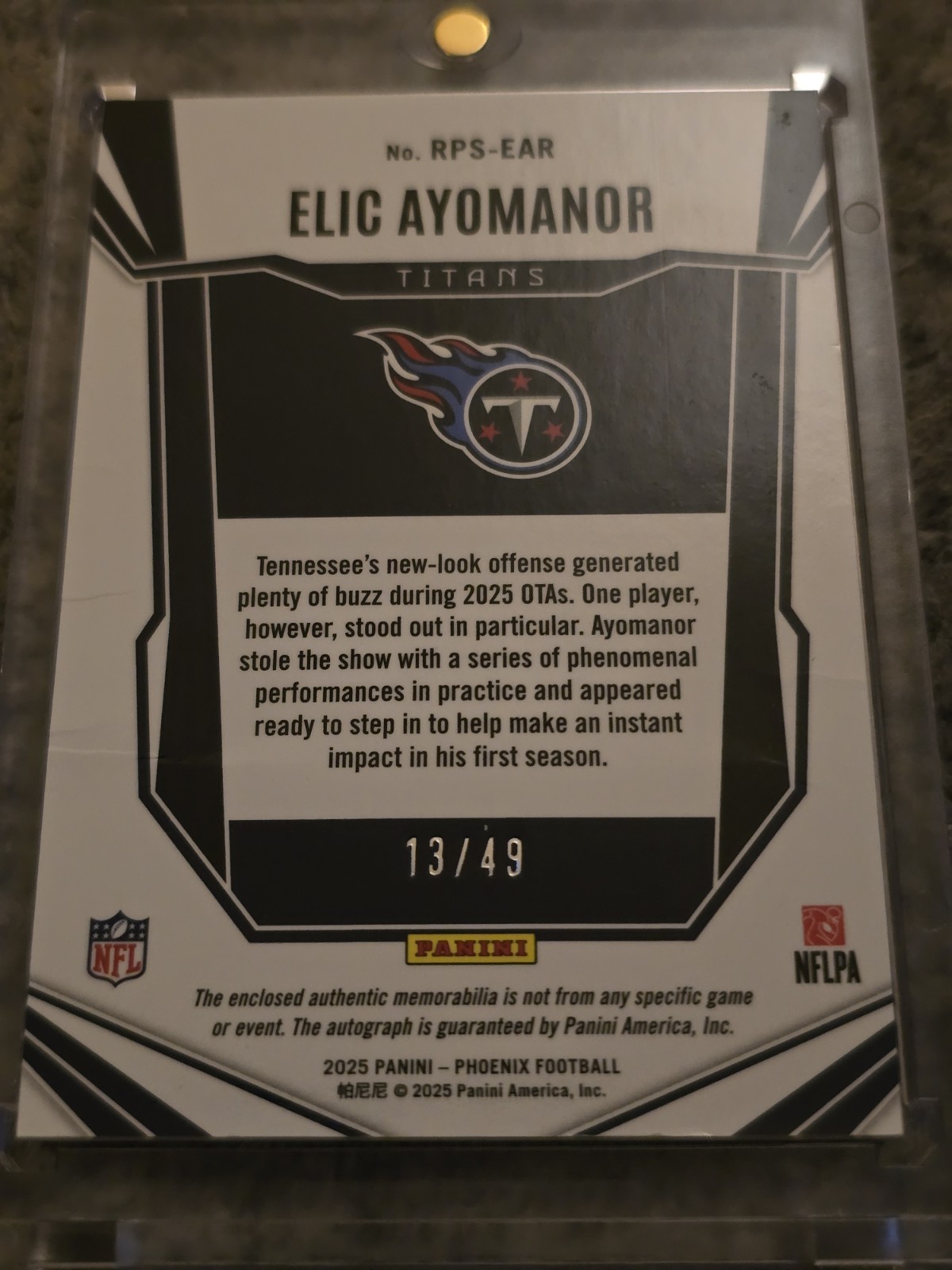 Elic Ayomanor 2025 Panini Phoenix Blue Prizm Jumbo RPA Rookie Patch Auto #/49 RC view 6