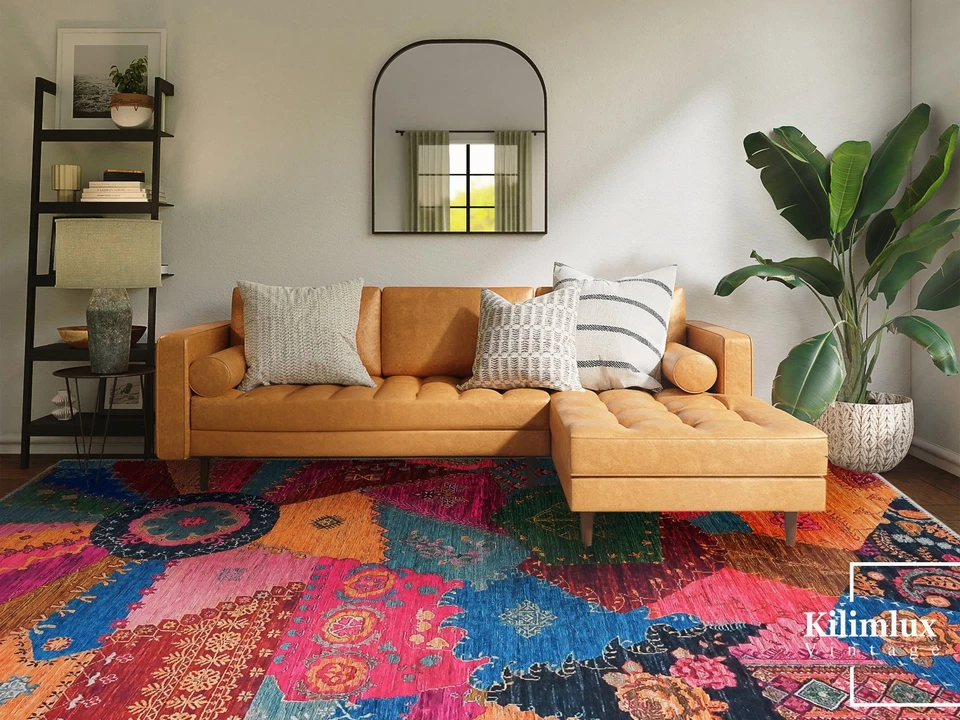 Patchwork Turkish Kilim Rug – Vintage Boho Area Rug for Living Room Home Decor - Image 3 of 4