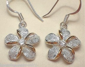 Authentic 15mm Yellow Gold Plated 925 Silver DC Sparkly Hawaiian Plumeria CZ Hook Earrings
