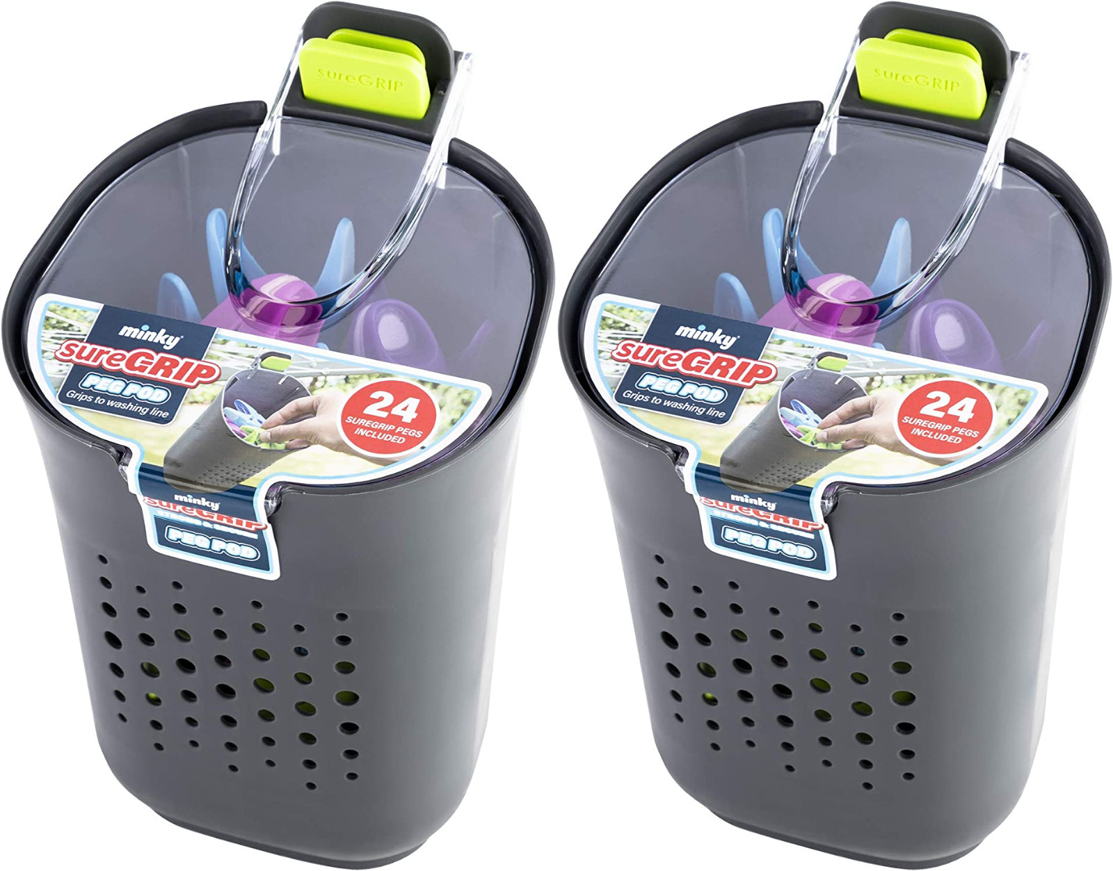 2x Minky Sure Grip Pod with 24 Pegs Strong Weatherproof Plastic Clothes Laundry