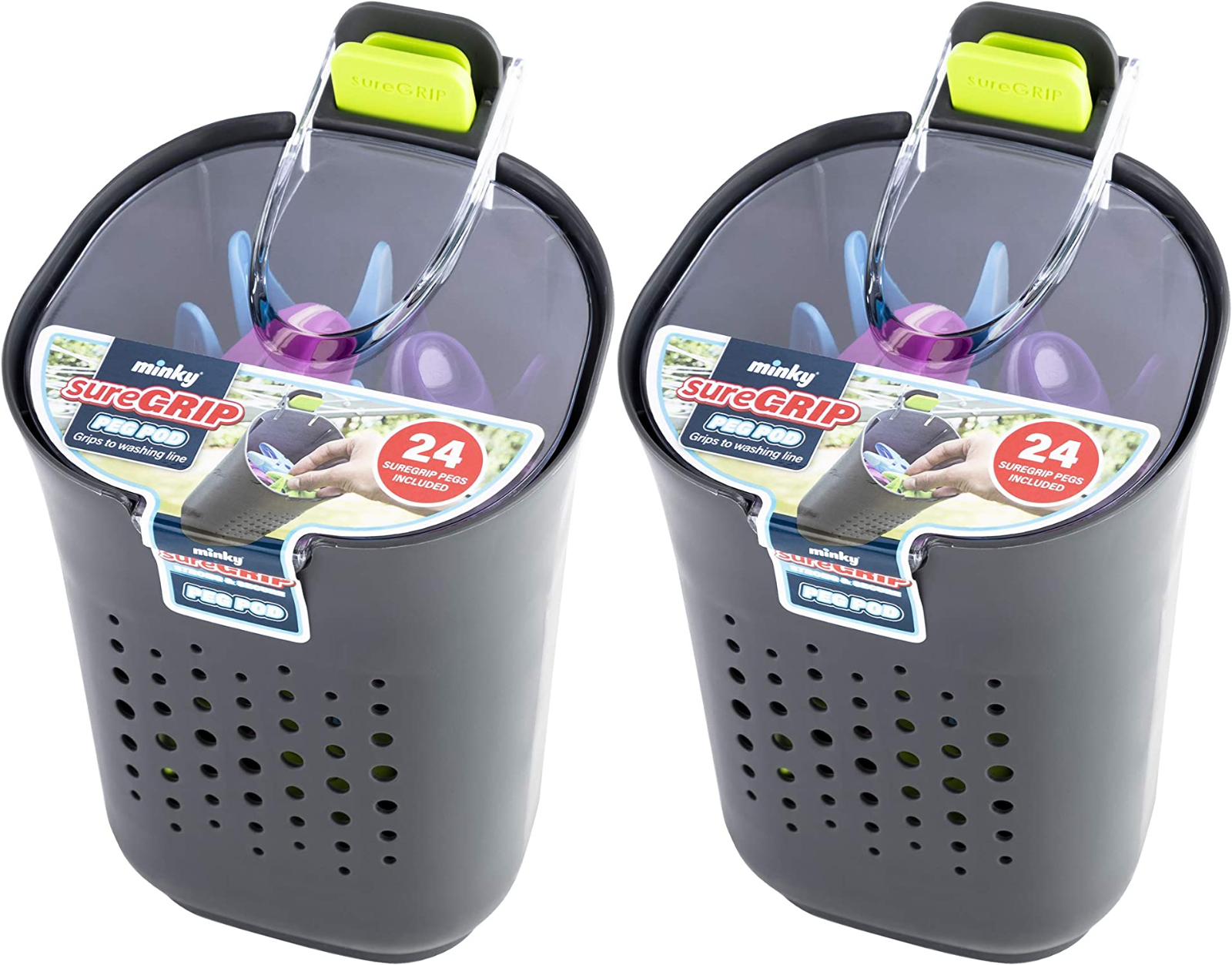 2x Minky Sure Grip Pod with 24 Pegs Strong Weatherproof Plastic Clothes Laundry
