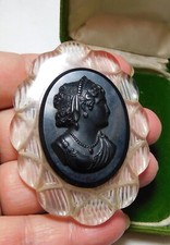 Gro&szlig; Vintage Viktorianisch Zelluloid Fr&uuml;he Plastik Cameo Trauer Brosche 5b 87