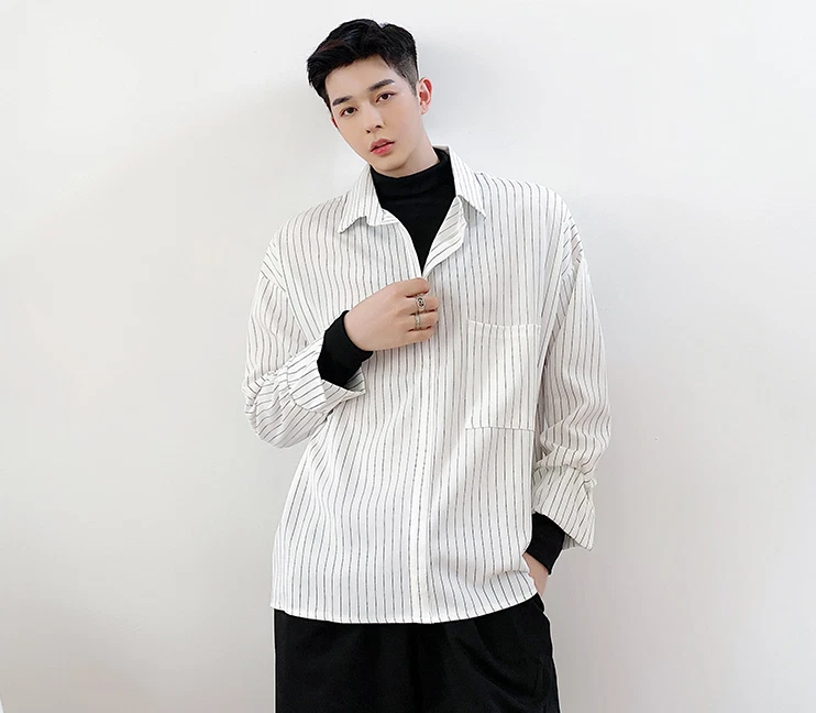 Men's Fashion Casual Long Sleeve Loose Stripe Shirt Youth Turtle Neck  Pullover