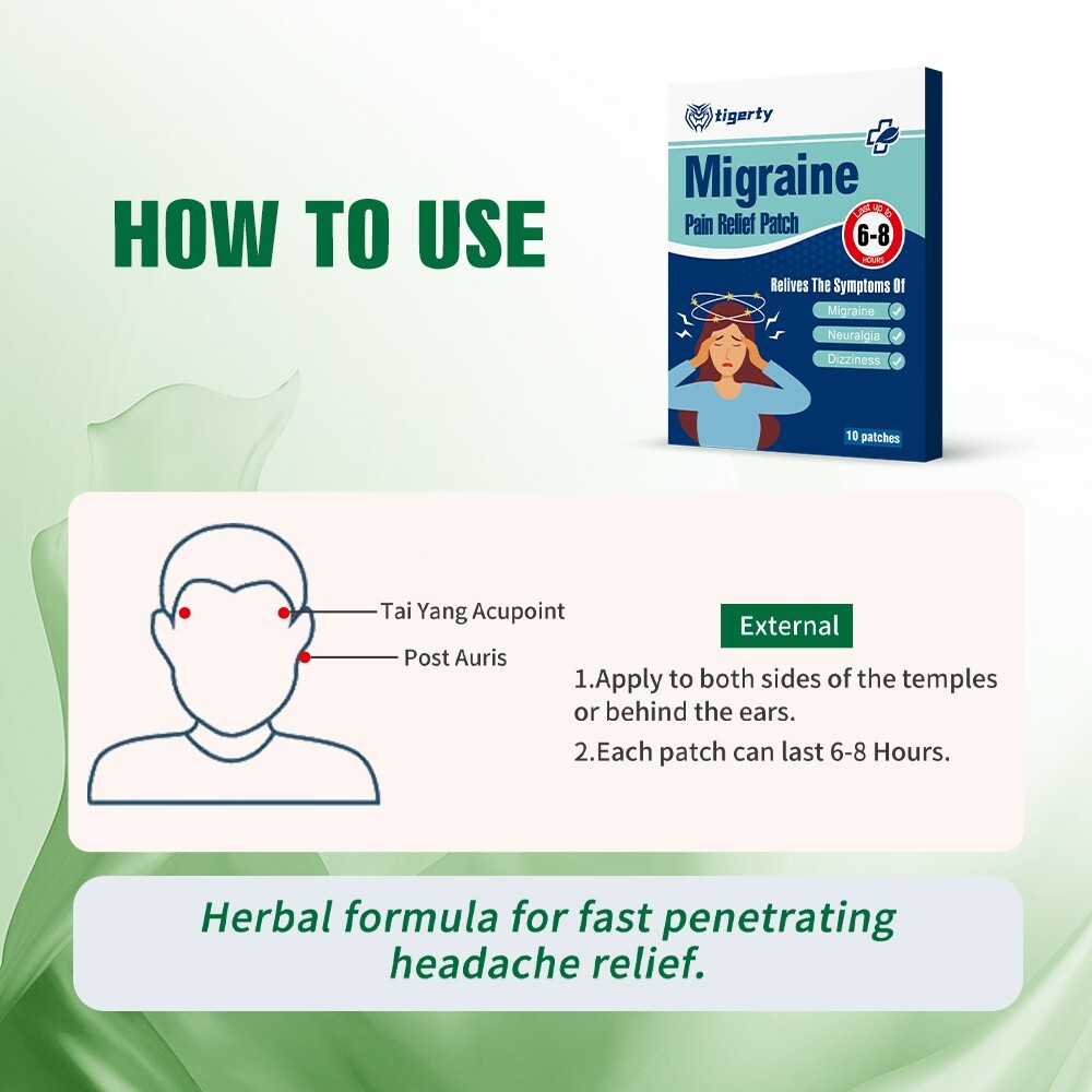 tigerty Migraine Relief Patch Fast Headache Ear Pressure Sooth Natural Herb 20Pc