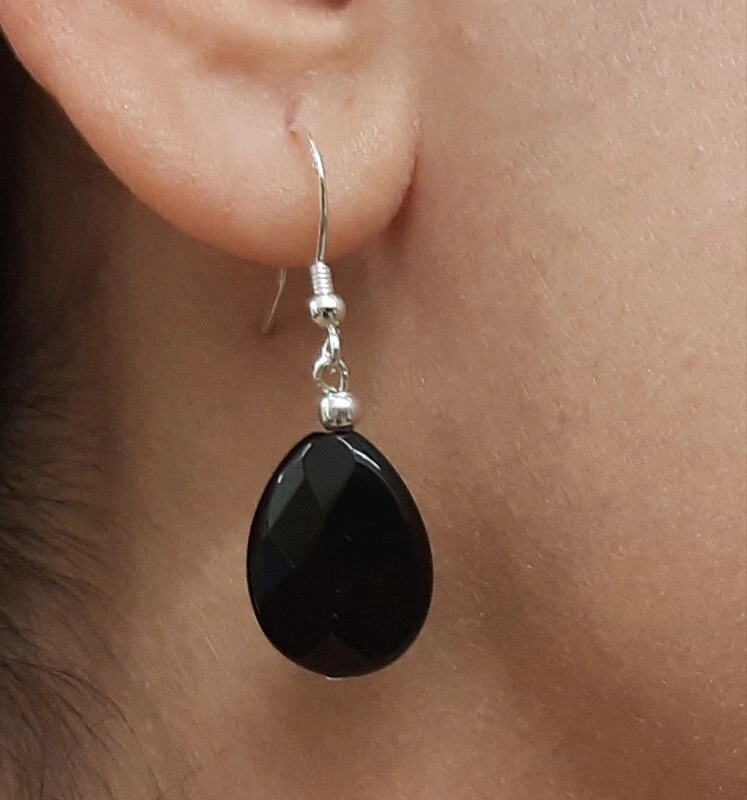 PENDIENTES de PLATA de ley 925 y ÓNIX Facetado lágrima 13x18 mm. Calidad Estuche - Imagen 2 de 3