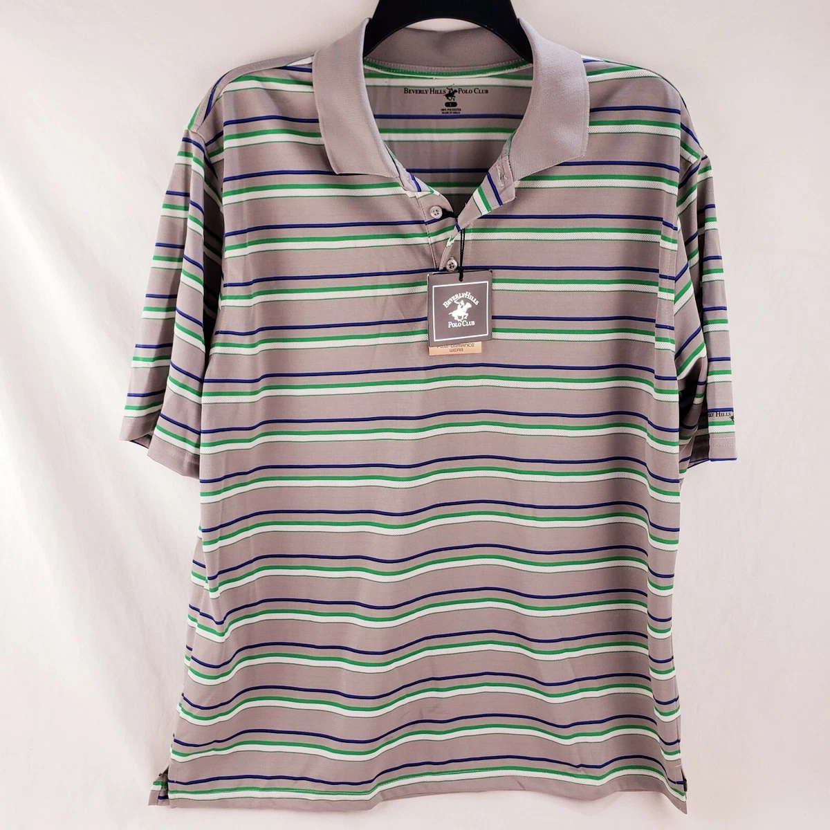grey and white striped polo shirt