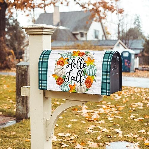Hello Fall Pumpkin Maple Leaves Wreath Mailbox Cover with Magnetic Strip - Picture 3 of 7
