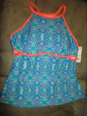 NWT XL ZELOS Swim Bathing Suit Top BluPeachTeal Side2SideUndrBust17.5-21'' Ret$54