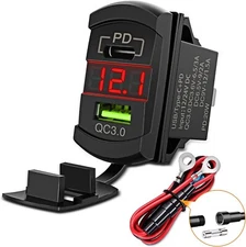 Nilight Rocker Switch Style USB Charger Red LED Voltmeter Quick Charge 12V PD