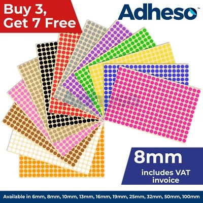 Adheso 8mm Coloured Dot Stickers Round Sticky Dots Adhesive Circles Labels