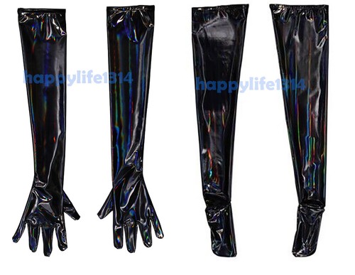 PVC Look Vinyl Long Plastic Zentai Colorful Opera Gloves and Thigh High Stocking - Picture 3 of 6