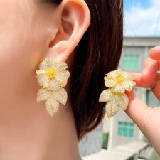 Luxury Gold Plated Flower Leaf Drop Earrings Women Cubic Zirconia Bridal Jewelry