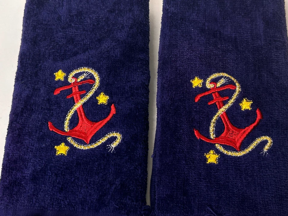 Par de toallas de mano náuticas vintage Saturday Knight Ltd. ancla azul marino Foto 2 de 4