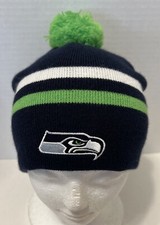 Seattle Seahawks Youth Pom Winter Hat Blue White Green Embroidered Logo