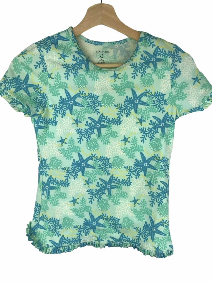 Camiseta Lands End manga corta protector contra erupciones volantes mangas dobladillo inferior azul verde Foto 2 de 4