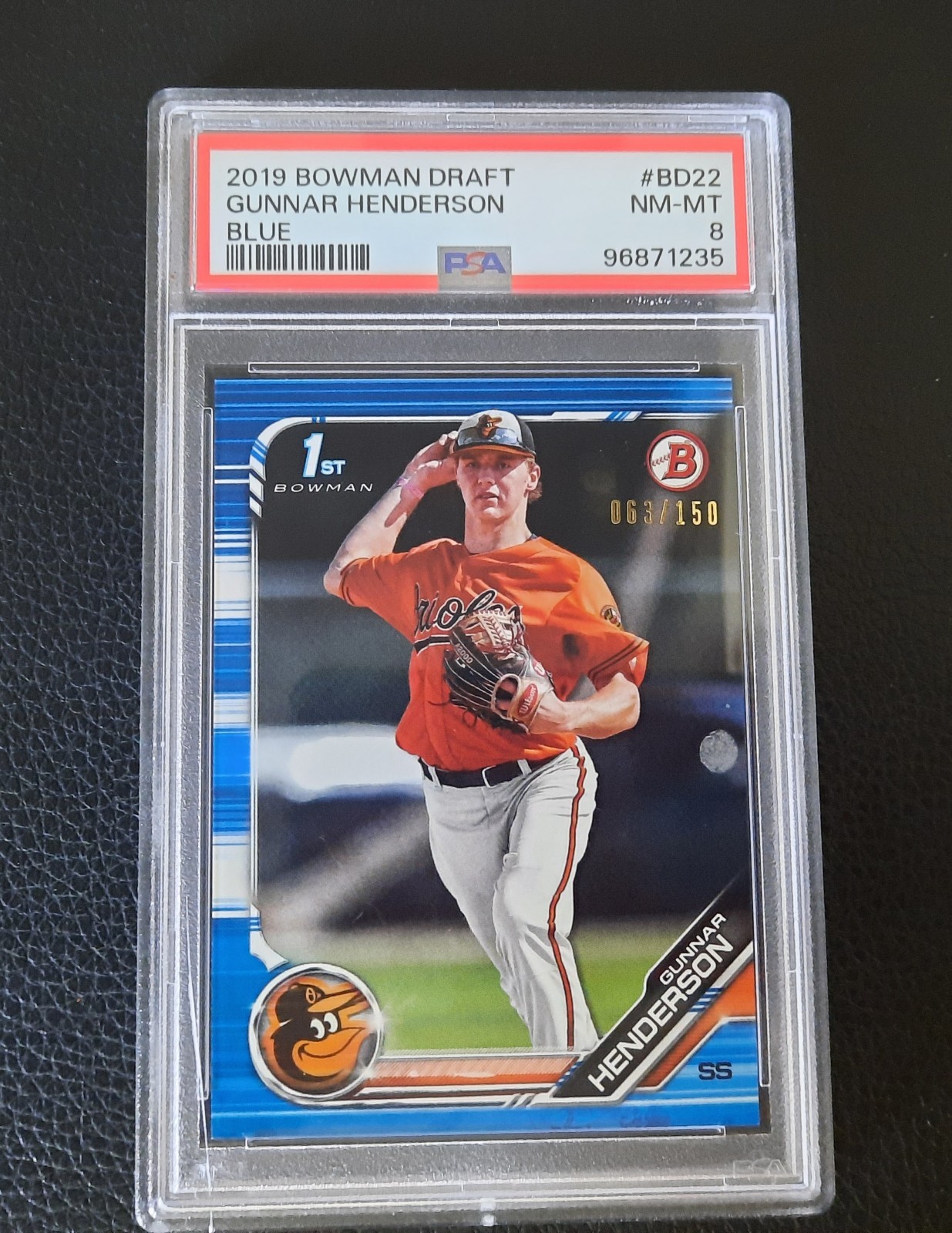 Gunnar Henderson 2019 Bowman Draft Blue 63/150 PSA 8 1st Bowman