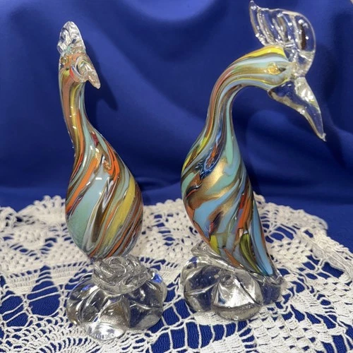 Vintage Pair of Murano Venetian Glass Bird Figurines (Read) 8"