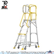 6 Step 375lbs Aluminum Rolling Platform Step Ladder with Safety Guardrail Fence