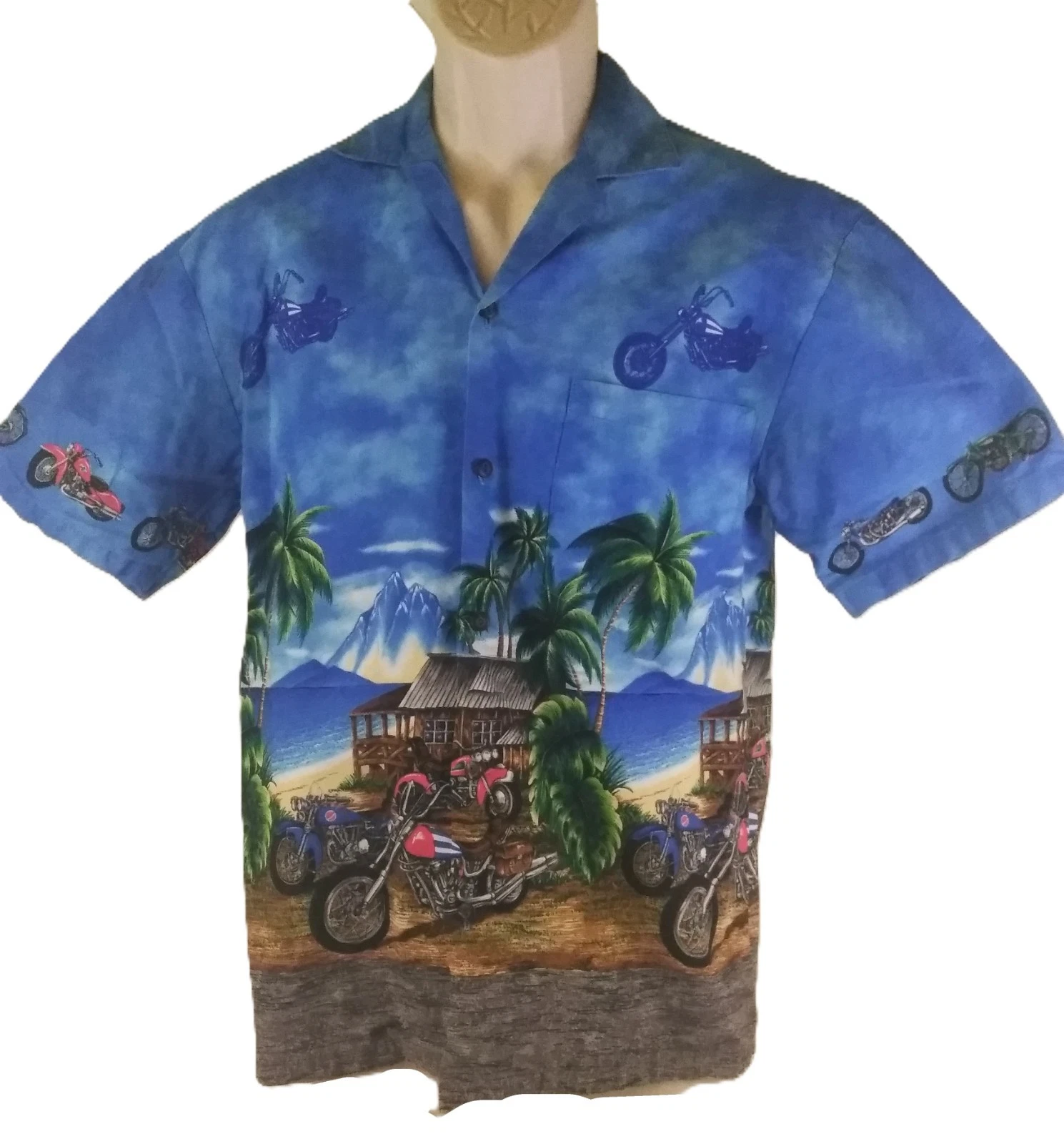 Vintage KYs Shirts Mens Small Blue Island Beach Motorcycle Button Up Hawaiian