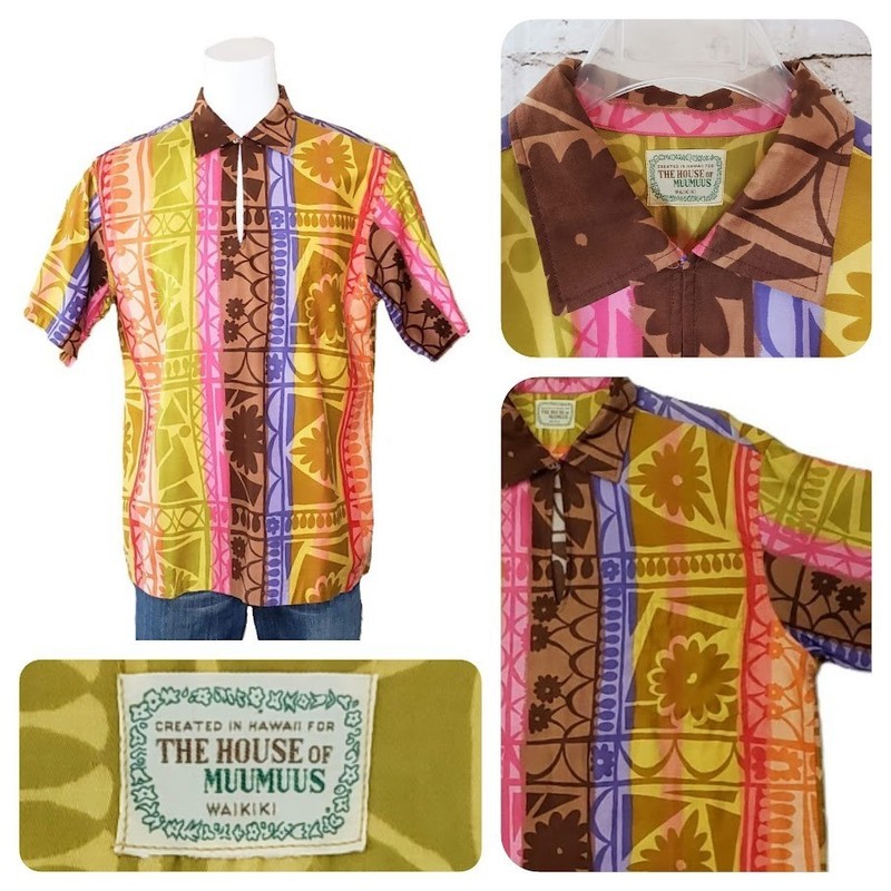 VTG 1940 Hawaiian Shirt Loop Collar Matched Pocket Barkcloth Kapa Made in Hawaii